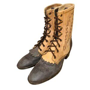 Vintage Black Abilene Cottage Western Leather Lace Boots  4 Tan Black Burlesque